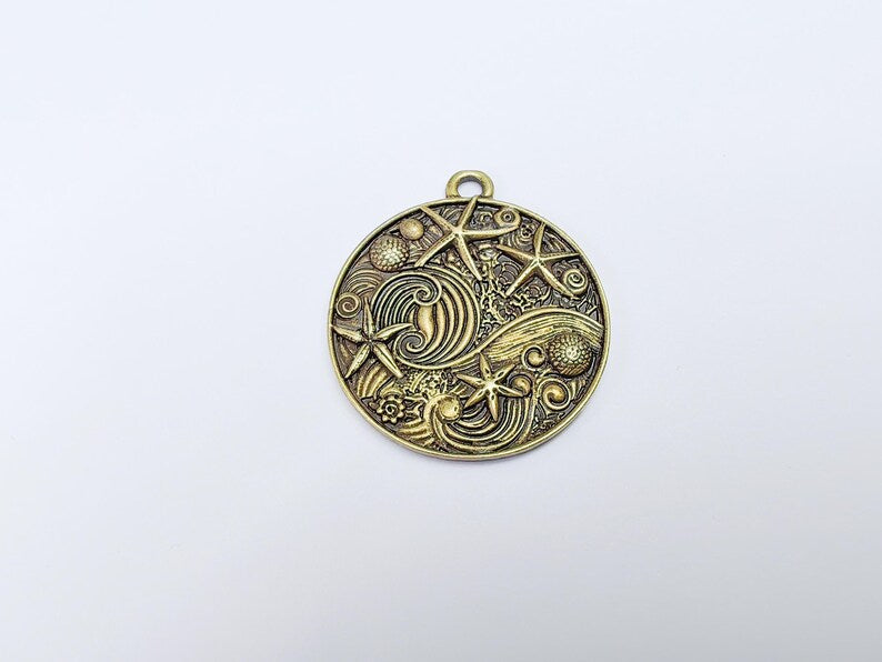 Ocean Dream Pendant, Nautical Sea Life Charm, Beach Boho Earring Charms, Dangle Pendant, Antique Bronze Plated Zamac 39x34mm G36715