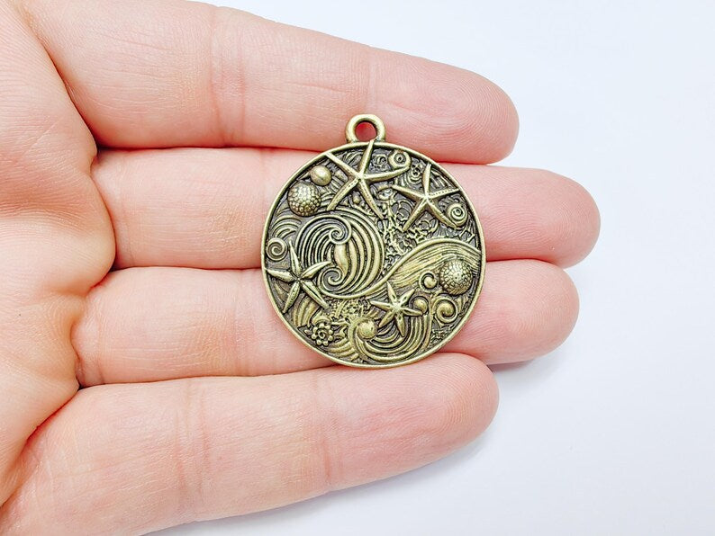 Ocean Dream Pendant, Nautical Sea Life Charm, Beach Boho Earring Charms, Dangle Pendant, Antique Bronze Plated Zamac 39x34mm G36715