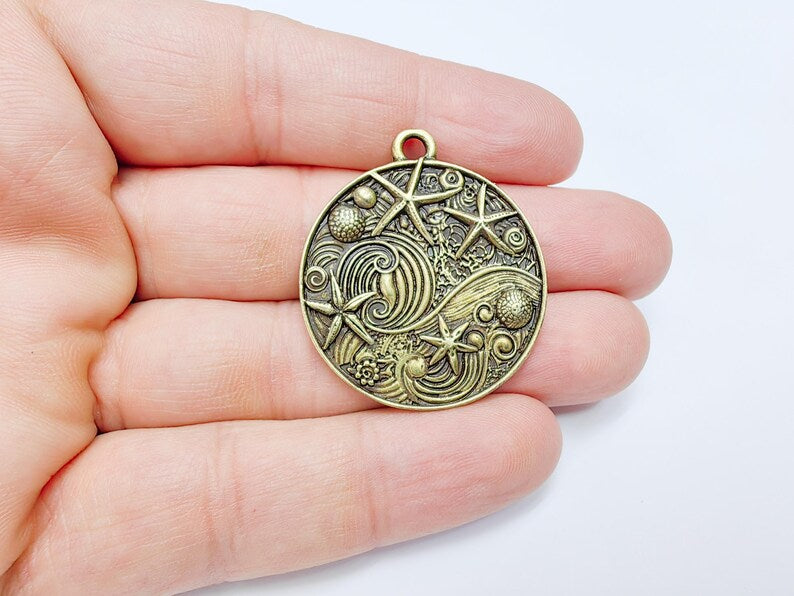 Ocean Dream Pendant, Nautical Sea Life Charm, Beach Boho Earring Charms, Dangle Pendant, Antique Bronze Plated Zamac 39x34mm G36715