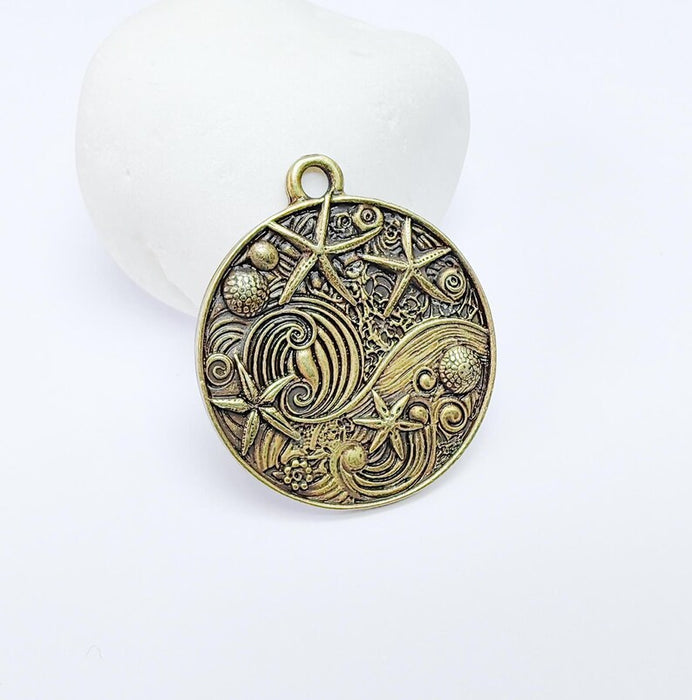 Ocean Dream Pendant, Nautical Sea Life Charm, Beach Boho Earring Charms, Dangle Pendant, Antique Bronze Plated Zamac 39x34mm G36715