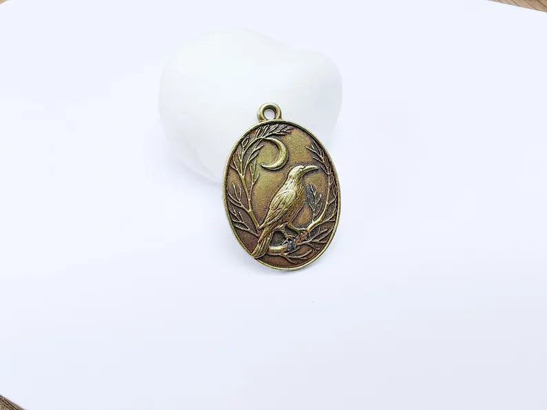 Raven and Moon Charm Pendant, Gothic Boho Charm, Nature Earring Charm, Mystical Bird, Necklace Parts, Antique Bronze Plated 40x28mm G36716