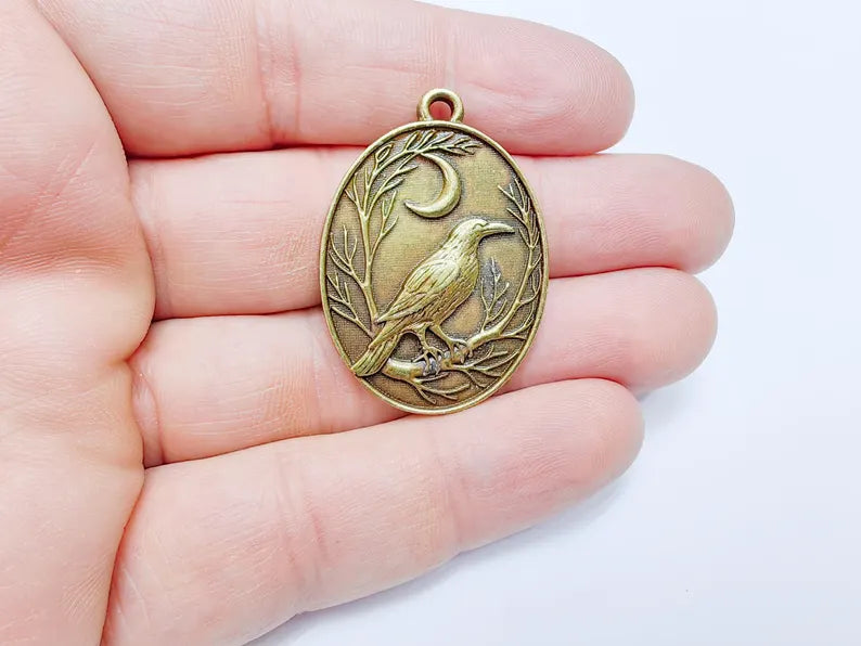 Raven and Moon Charm Pendant, Gothic Boho Charm, Nature Earring Charm, Mystical Bird, Necklace Parts, Antique Bronze Plated 40x28mm G36716