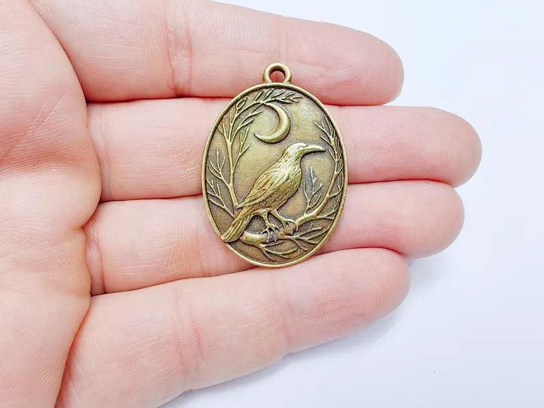 Raven and Moon Charm Pendant, Gothic Boho Charm, Nature Earring Charm, Mystical Bird, Necklace Parts, Antique Bronze Plated 40x28mm G36716