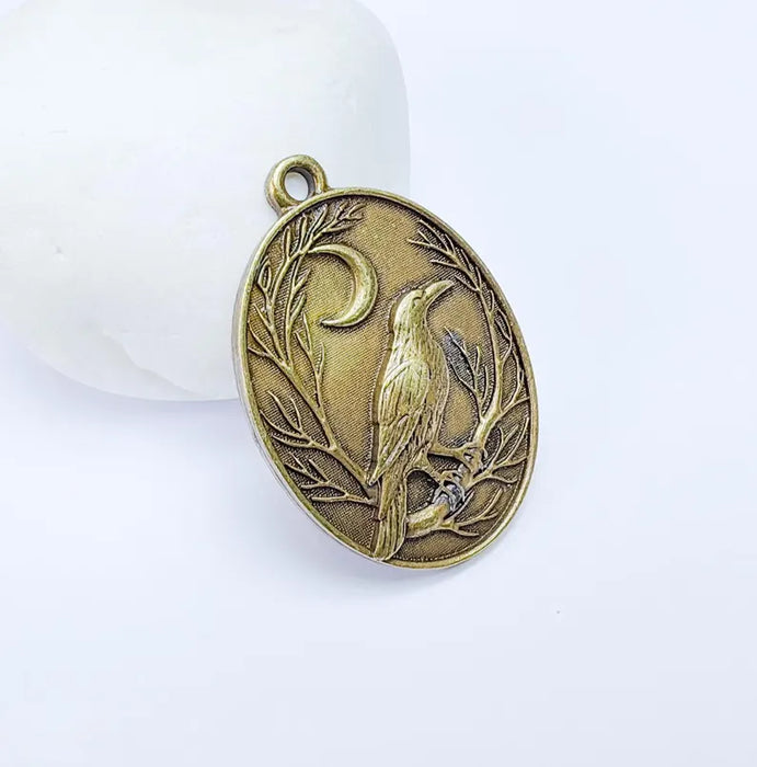 Raven and Moon Charm Pendant, Gothic Boho Charm, Nature Earring Charm, Mystical Bird, Necklace Parts, Antique Bronze Plated 40x28mm G36716