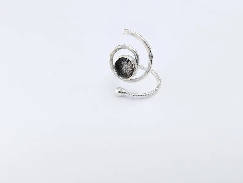 Swirl Ring Setting, Cabochon Blank, Resin Bezel, Round Ring Mounting, Epoxy Frame Base, Adjustable Antique Silver Plated Brass 8mm G36724