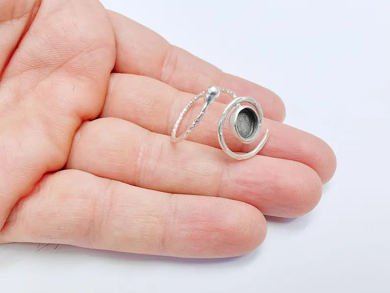 Swirl Ring Setting, Cabochon Blank, Resin Bezel, Round Ring Mounting, Epoxy Frame Base, Adjustable Antique Silver Plated Brass 8mm G36724