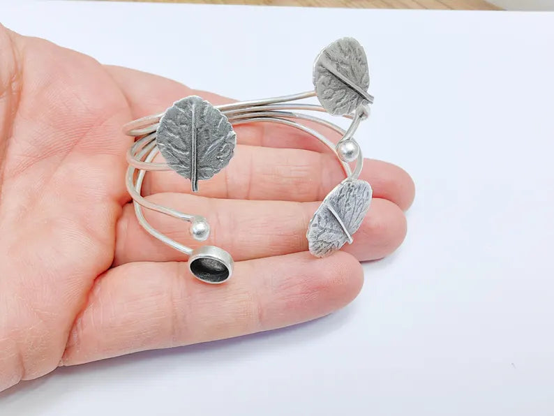 Leaf Bracelet, Bangle Bracelet Bezel, Wrap Cuff Resin Blank, Wristband Cabochon Base, Adjustable Antique Silver Brass (8mm) G36725