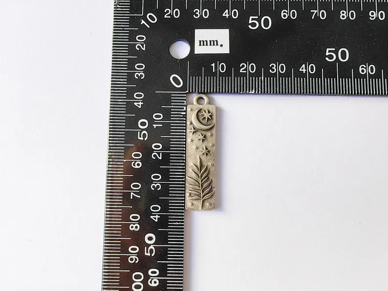 Moon and Stars Plant Charms, Crescent Earring Charms, Celestial and Nature Inspired Charm, Antique Silver Plated 39x10mm G36726