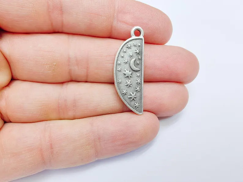 Celestial Moon and Star Charms, Cosmic Pendant, Half Moon Earring Charms, Night Sky Boho Charms, Antique Silver Plated Zamac 35x12mm G36727