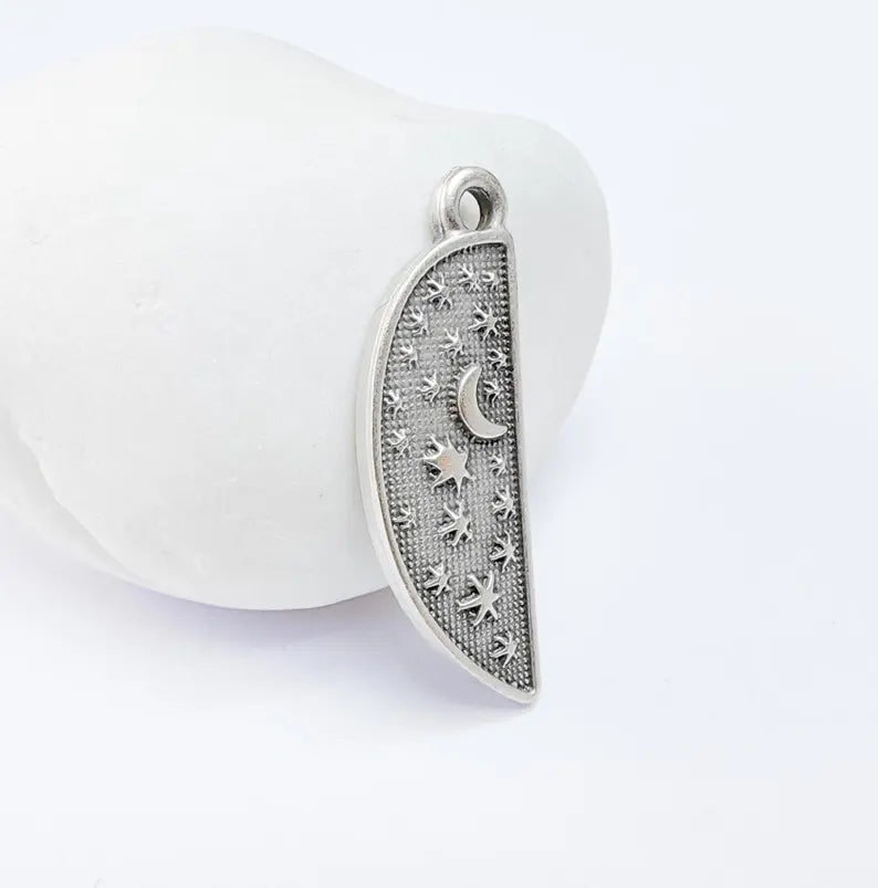 Celestial Moon and Star Charms, Cosmic Pendant, Half Moon Earring Charms, Night Sky Boho Charms, Antique Silver Plated Zamac 35x12mm G36727