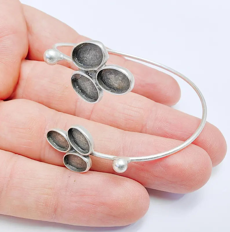 Antique Silver Bracelet, Bangle Bracelet Bezel, Wrap Cuff Resin Blank Wristband Cabochon Base Adjustable Antique Silver Brass (9x6mm) G36731