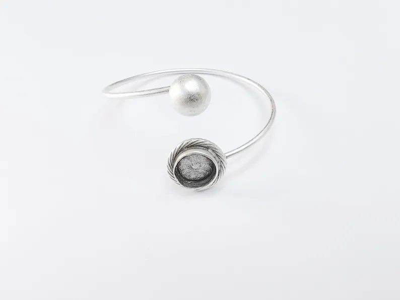 Ball and Round Bracelet Blank Resin Cuff Dry Bezel Glass Cabochon Base Adjustable Antique Silver Plated Brass (12mm Blanks) G36735