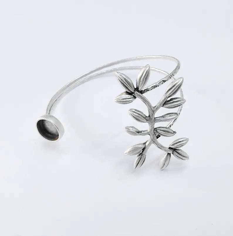 Leaf Bracelet, Bangle Bracelet Bezel, Wrap Cuff Resin Blank, Wristband Cabochon Base, Adjustable Antique Silver Brass (10mm) G36736