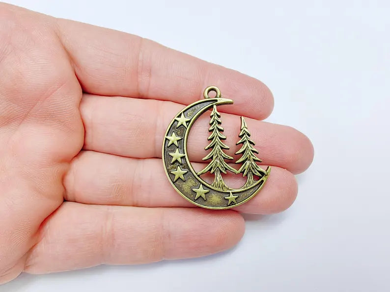 Moon Star and Pine Tree Pendant, Boho Charm, Earring Charm, Dangle Pendant, Necklace Parts, Antique Bronze Plated Zamac 40x30mm G36621