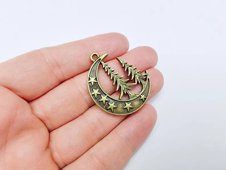 Moon Star and Pine Tree Pendant, Boho Charm, Earring Charm, Dangle Pendant, Necklace Parts, Antique Bronze Plated Zamac 40x30mm G36621