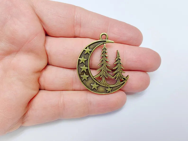 Moon Star and Pine Tree Pendant, Boho Charm, Earring Charm, Dangle Pendant, Necklace Parts, Antique Bronze Plated Zamac 40x30mm G36621