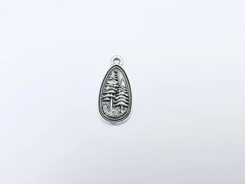 2 Pine Tree Forest Stars Charms, Nature Pendant Boho Earring Charms, Dangle Pendant, Necklace Part, Antique Silver Plated Zamac 30x14mm G36739