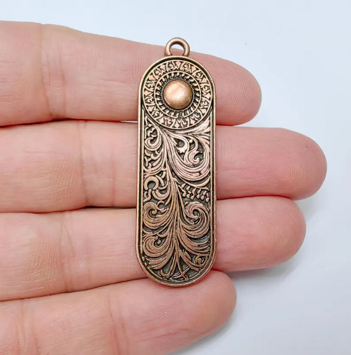 Elegant Scrollwork Pendant, Boho Charms, Earring Charms, Copper Dangle Pendant, Necklace Parts, Antique Copper Plated Zamac 53x17mm G36630