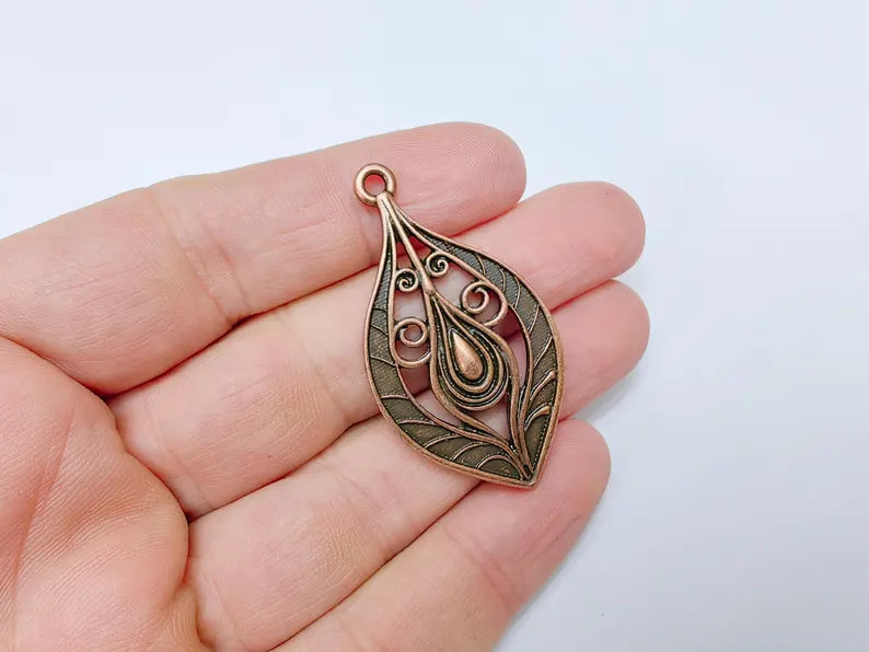 Antique Copper Plated Pendant with Swirling Filigree Design, Boho, Rustic, Nature Earring Charm, Gothic Pendant 48x27mm G36629