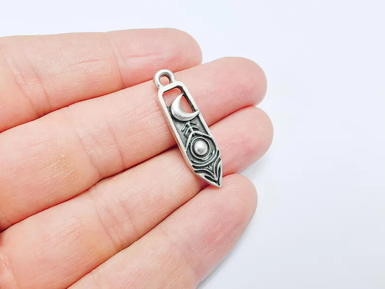 2 Crescent Moon and Orb Charms, Cosmic Pendant, Moon Earring Charms, Night Sky Boho Charms, Antique Silver Plated Zamac 33x9mm G36741