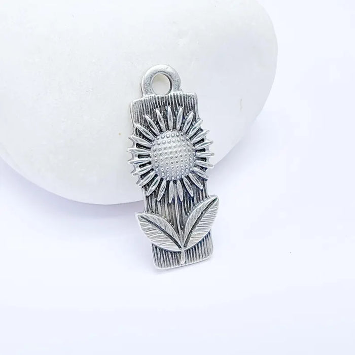 2 Flower Charms, Floral Pendant, Herb Earring Charms, Sunflower Dangle Pendant, Necklace Part, Antique Silver Plated 28x12mm G36616