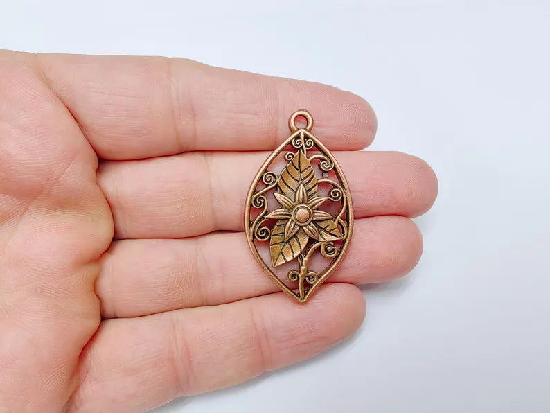 Floral Filigree Pendant, Boho Leaf and Flower Charm, Rustic Nature Earring Charm, Antique Copper Plated Pendant 44x25mm G36632