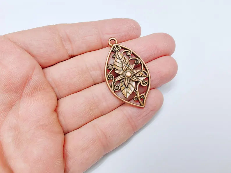Floral Filigree Pendant, Boho Leaf and Flower Charm, Rustic Nature Earring Charm, Antique Copper Plated Pendant 44x25mm G36632