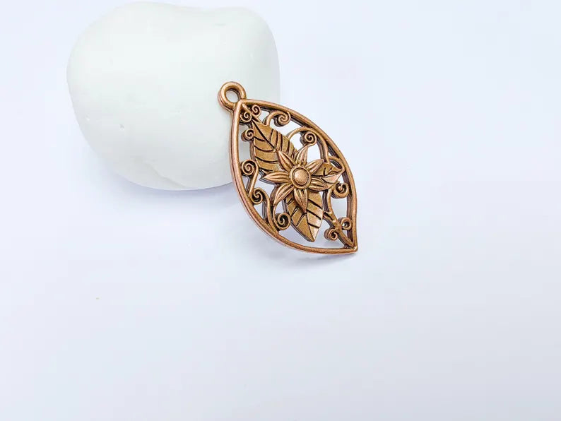 Floral Filigree Pendant, Boho Leaf and Flower Charm, Rustic Nature Earring Charm, Antique Copper Plated Pendant 44x25mm G36632