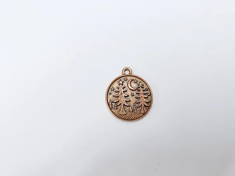 Pine Tree Forest Crescent Charms, Nature Pendant, Boho Earring Charm, Dangle Pendant, Necklace Part, Antique Copper Plated 30x26mm G36633