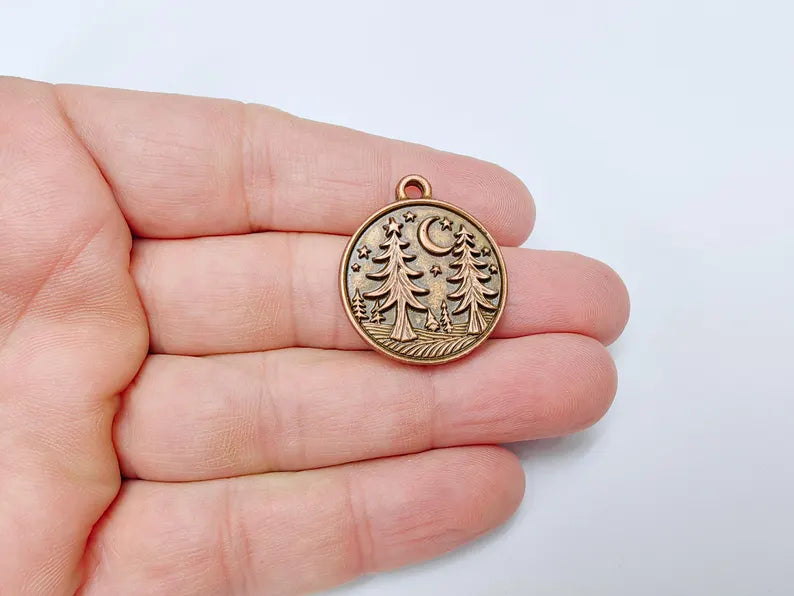 Pine Tree Forest Crescent Charms, Nature Pendant, Boho Earring Charm, Dangle Pendant, Necklace Part, Antique Copper Plated 30x26mm G36633