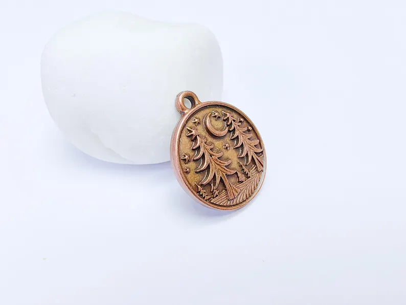 Pine Tree Forest Crescent Charms, Nature Pendant, Boho Earring Charm, Dangle Pendant, Necklace Part, Antique Copper Plated 30x26mm G36633