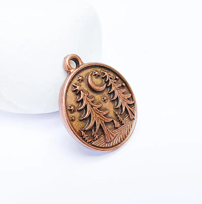 Pine Tree Forest Crescent Charms, Nature Pendant, Boho Earring Charm, Dangle Pendant, Necklace Part, Antique Copper Plated 30x26mm G36633