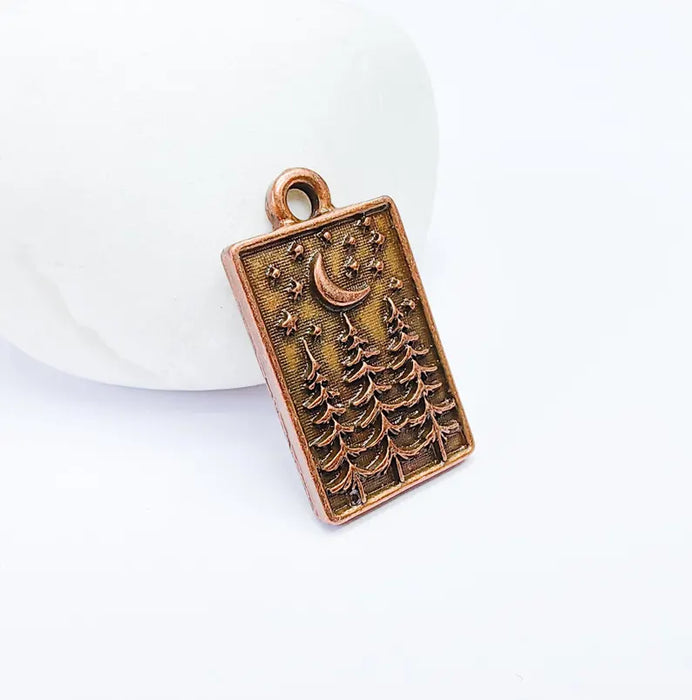 Pine Tree Forest Crescent Stars Charm, Nature Boho Earring Charm, Dangle Pendant, Necklace Part, Antique Copper Plated 26x15mm G36636