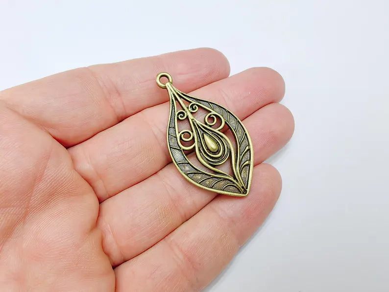 Antique Bronze Plated Pendant with Swirling Filigree Design, Boho, Rustic, Nature Earring Charm, Gothic Pendant 48x27mm G36637