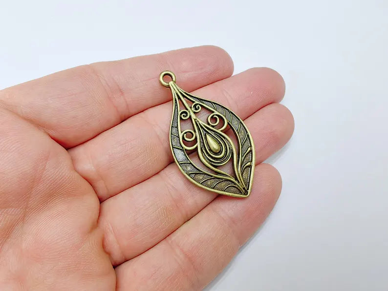 Antique Bronze Plated Pendant with Swirling Filigree Design, Boho, Rustic, Nature Earring Charm, Gothic Pendant 48x27mm G36637