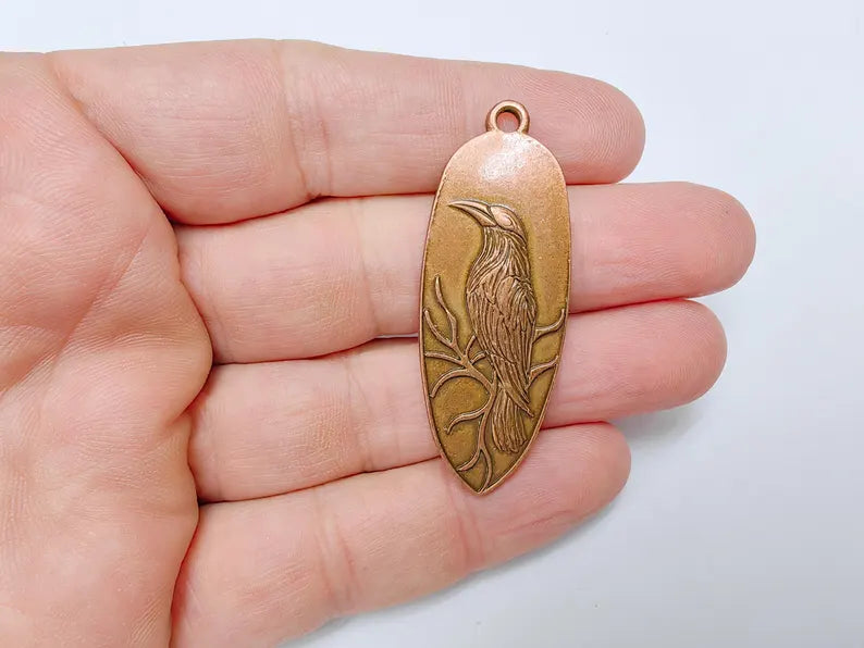 Raven Charm Pendant, Gothic Boho Charm, Nature Earring Charm, Mystical Bird, Necklace Parts, Antique Copper Plated Zamac 53x20mm G36638