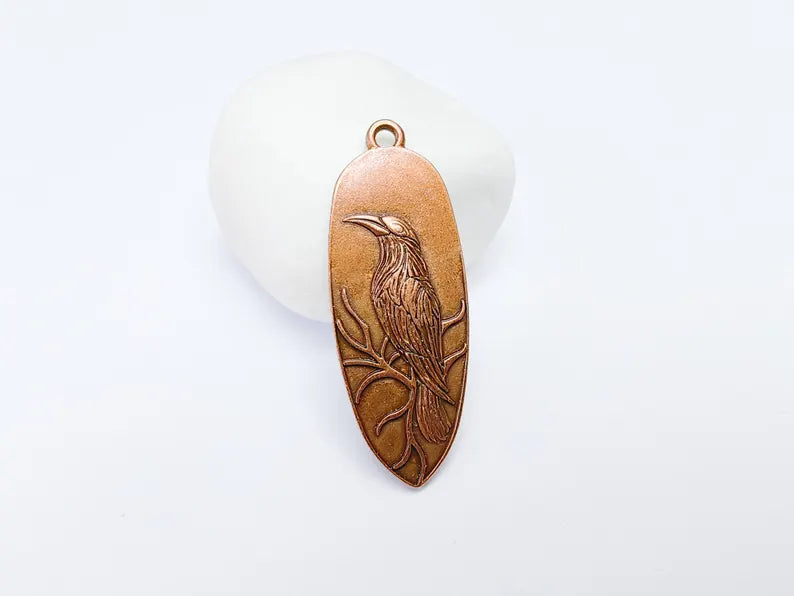 Raven Charm Pendant, Gothic Boho Charm, Nature Earring Charm, Mystical Bird, Necklace Parts, Antique Copper Plated Zamac 53x20mm G36638