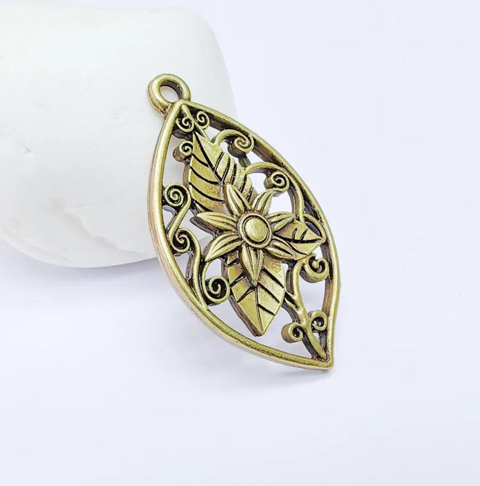 Floral Filigree Pendant, Boho Leaf and Flower Charm, Rustic Nature Earring Charm, Antique Bronze Plated Pendant 44x25mm G36641