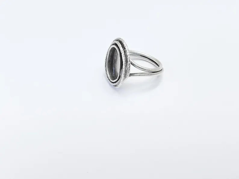 Oval Ring Setting, Cabochon Blank, Resin Bezel, Round Ring Mounting Epoxy Frame Base Adjustable Antique Silver Plated Brass 14x10mm G36750