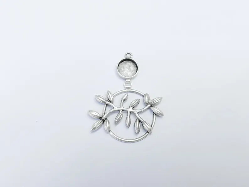 Leaf Pendant Bezel, Cabochon Blank, Locket Pendant Base, inlay Mounting, Resin Necklace, Antique Silver Plated Brass 12mm G36751