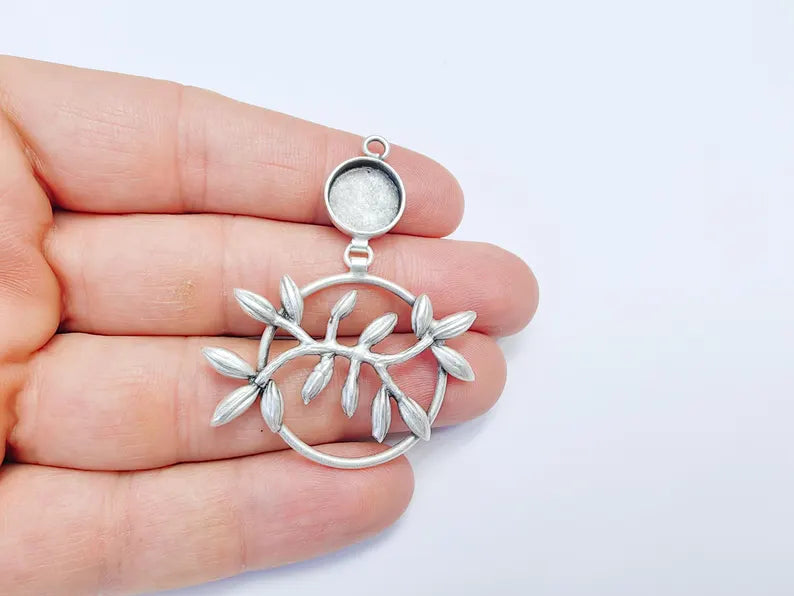 Leaf Pendant Bezel, Cabochon Blank, Locket Pendant Base, inlay Mounting, Resin Necklace, Antique Silver Plated Brass 12mm G36751