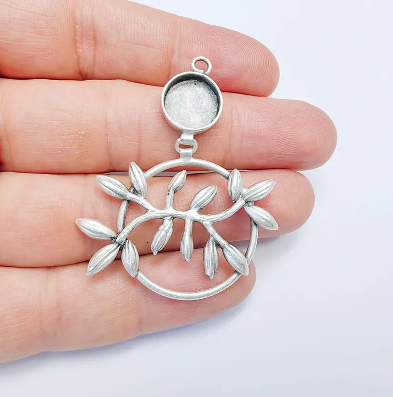 Leaf Pendant Bezel, Cabochon Blank, Locket Pendant Base, inlay Mounting, Resin Necklace, Antique Silver Plated Brass 12mm G36751