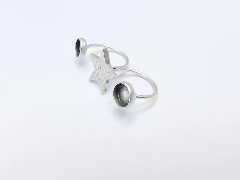 Double Finger Star Ring Base Setting, Cabochon Blank, Resin Bezel Mountings, Adjustable Antique Silver Plated Brass 8mm G36755
