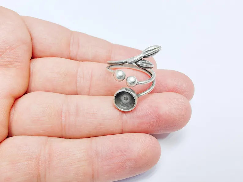 Leaf Ring Setting, Cabochon Blank, Resin Bezel, Round Ring Mounting Epoxy Frame Base Adjustable Antique Silver Plated Brass 8mm G36760