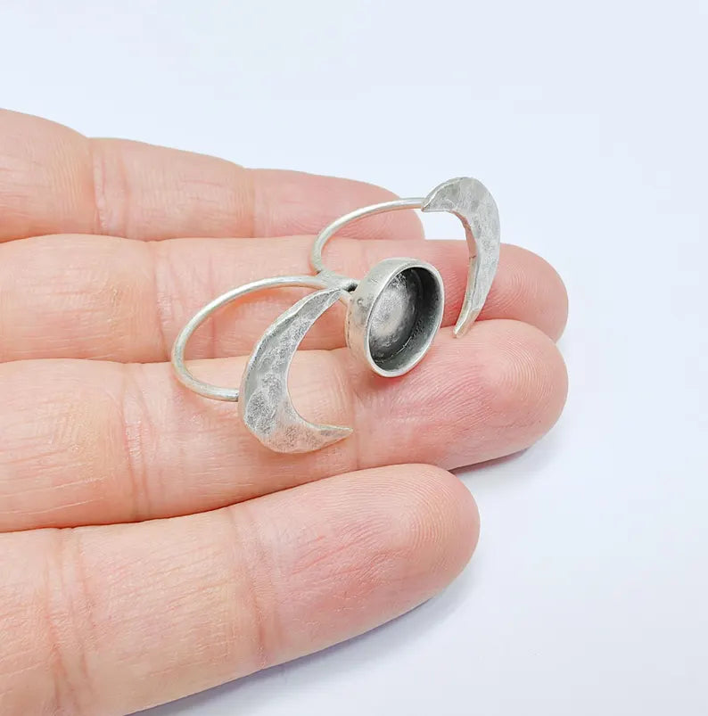 Double Finger Crescent Moon Ring Base Setting, Cabochon Blank, Resin Bezel Mountings, Adjustable Antique Silver Plated Brass 12mm G36759