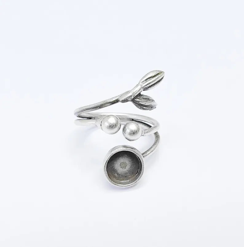 Leaf Ring Setting, Cabochon Blank, Resin Bezel, Round Ring Mounting Epoxy Frame Base Adjustable Antique Silver Plated Brass 8mm G36760
