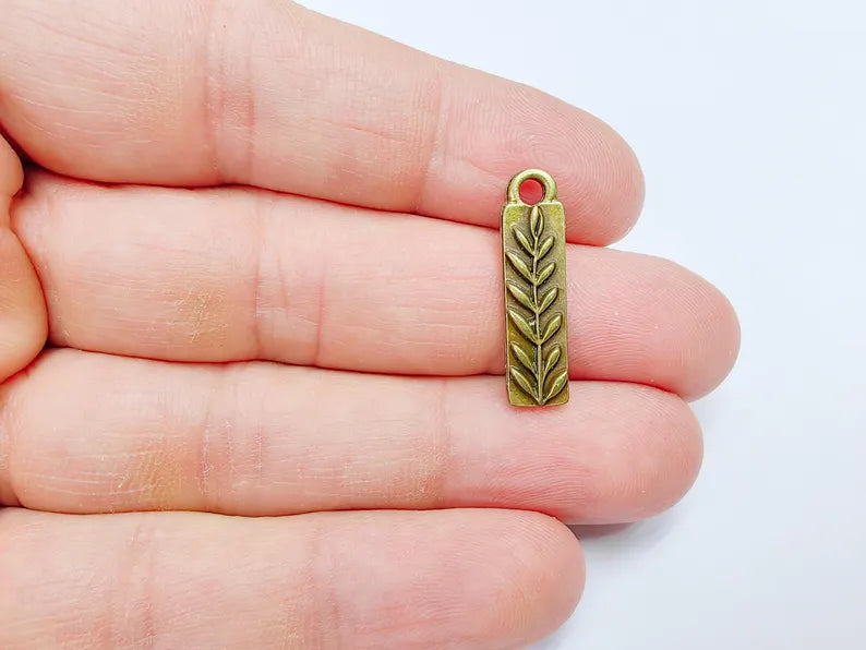 5 Plant Charms, Leaf Bar Pendant, Earring Charms, Nature Dangle Pendant, Necklace Parts, Antique Bronze Plated 25x6mm G36770