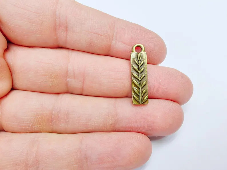 5 Plant Charms, Leaf Bar Pendant, Earring Charms, Nature Dangle Pendant, Necklace Parts, Antique Bronze Plated 25x6mm G36770