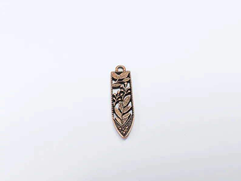 2 Leafy Flower Fruit Charms, Earring Charms, Necklace Parts, Floral Charm for Nature Inspired Jewelry, Antique Copper Plated 37x10mm G36773