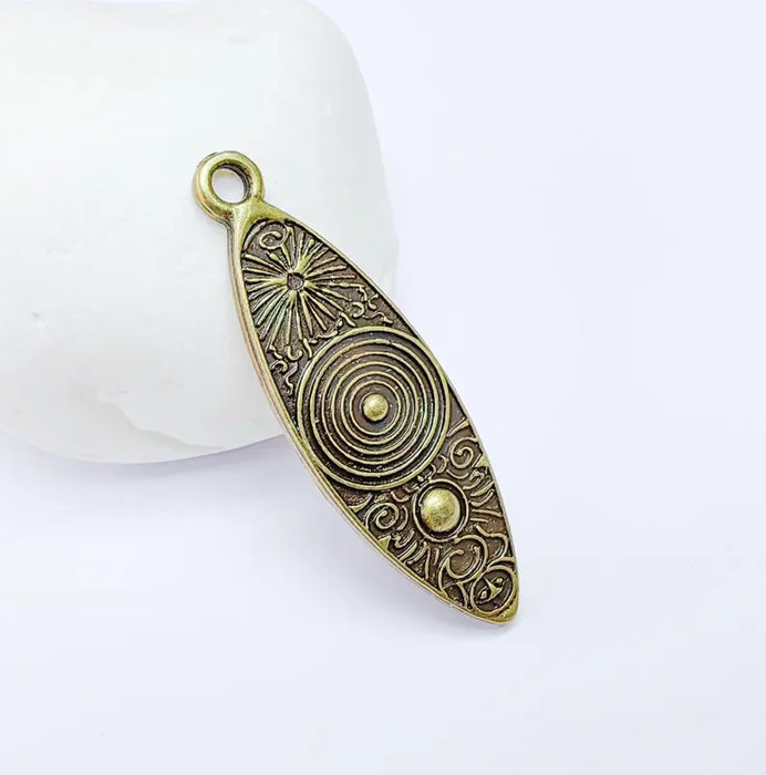 Vintage Sunburst and Spiral Pendant, Boho Tribal Statement Charm, Ethnic Boho Dangle Earring, Antique Bronze Plated Zamac 45x14mm G36643